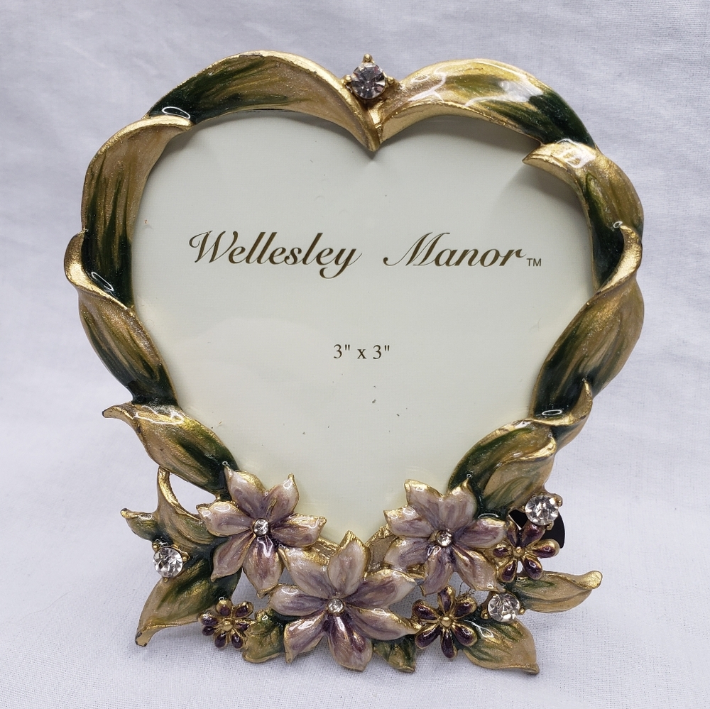 Wellesley Manor Enameled Metal Floral 3 X 3 Inch Picture Frame Gold Rhinestones